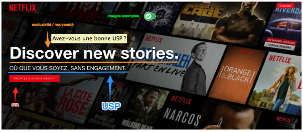 page d’accueil du site internet de Netflix annotée page d’accueil du site internet de Netflix annotée